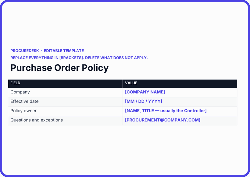 Walkthrough of the Purchasing Policy Guide being filled in: company header, approval matrix, and exception checklist